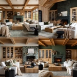 **editorial photo of a cozy moody traditional-modern living room with ribbed glass-fronted and oak ribbed shaker cabinetry with brass sleek cylindrical handles, an exotic forest green granite fireplace with bold veins, white modern sofa and accent chairs, large ribbed oak coffee table, beige knitted throw blankets and throw pillows, black ribbed round end tables, Natural oak plank flooring with a traditional light green rug, oak ceiling ebams. ARRIFLEX 35 BL camera, high definition quality, Canon K35 Prime Lens, bright and airy --ar 4:5 --raw** - <@1230559318680670299> (fast)