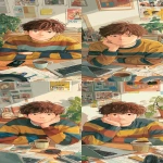 **<https://s.mj.run/h-KXQznDNhc> <https://s.mj.run/3I1uEG3zQU0> In a colorful manga style, a handsome and beautiful 18-year-old teenage male with brown hair and a fringe, dressed in a striped sweater, sits at a messy desk with a laptop, a cup of coffee, and papers lying around. In the background, a Forbes 30 under 30 magazine cover. The character has a sad expression. --ar 11:27** - Variations (Strong) by <@409716268476923920> (fast)