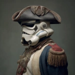 **a stormtrooper dressed as a revolutionary war hero, he wears a tri-fold hat** - Image #1 <@991616868857172059>