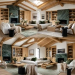 **editorial photo of a cozy moody traditional-modern living room with ribbed glass-fronted and oak ribbed shaker cabinetry with brass sleek cylindrical handles, an exotic forest green granite fireplace with bold veins, white modern sofa and accent chairs, large ribbed oak coffee table, beige knitted throw blankets and throw pillows, black ribbed round end tables, Natural oak plank flooring with a traditional light green rug, oak ceiling beams. ARRIFLEX 35 BL camera, high definition quality, Canon K35 Prime Lens, bright and airy --ar 4:5 --raw** - Variations (Strong) by <@1230559318680670299> (fast)