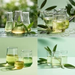 **3 translucent lab beakers containing rainwater, sage green background, soft diffused natural lighting** - <@1137240197814288404> (relaxed)