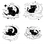 **playful black cat on a crescent moon, kawaii eyes, surrounded by clouds and stars, thick outlines, white background --ar 5:7** - <@437878260013989888> (relaxed)