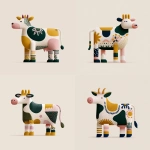 **highly stylized vector illustration of a cow with exaggerated and disproportionate body parts thick legs, small head, large udder, abstract shape. Playful and surreal design, inspired by naive art and folk patterns. Flat colors, bold outlines, decorative repeating motifs on the body. Simplified geometry, minimal background, white backdrop. --v 7.0 --p xjpwkw8 --raw** - Variations (Strong) by <@1131234128856096839> (fast, stealth)