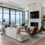 **ultra-realistic photograph of a coastal modern open floor plan living room in Manhattan Beach, California, warm oak wide plank hardwood floors, large black-framed windows with panoramic ocean and beach view, Restoration Hardware modern-inspired neutral palette, plush L-shaped sectional rotated so one side faces the ocean and the other faces a sleek TV above a limestone fireplace, layered grass cloth and Persian area rug, stone coffee table, leather lounge chair, wood rectangle couch table with lamp and fresh flowers and books on top, textured throw pillows, soft ambient natural daylight, sculptural chandelier, layered organic textures, styled for a luxury interior design Instagram post, straight-on wide-angle lens, full view of space including ocean view and TV wall, center fireplace, remove table next to chair, photorealistic details, depth, natural shadows --v 6.0 --raw --ar 13:10** - Image #2 <@1339375378858381312>
