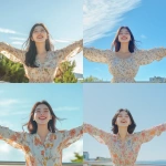 **A young and beautiful Korean woman standing outdoors, arms spread wide with a radiant smile, her face expressing pure joy and freedom. She is wearing a light floral-patterned blouse, complementing the warm, sunny atmosphere. The background features a clear blue sky, subtle greenery, and a simple railing, symbolizing openness and escape. The natural lighting highlights her cheerful expression and youthful energy, creating a vibrant and uplifting mood. Cinematic --v 6.1** - <@656836270752006172> (fast)