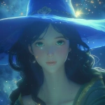 **young witch, Michael kaluta, pale blue witch hat, blue skin, deep dark purple background, stars, --v 6.0 --stylize 209 --sref 142440230** - Image #1 <@769598160363323403>