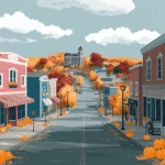 **simple flat illustration of a of a small town in the fall. With a street going down little shops. Same vibes as Gilmore Girls. some pumpkins in the background. Bright fall colours --v 7.0** - Upscaled by <@1183849741679861822> (fast)
