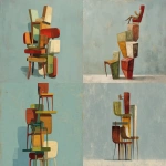 **stack of abstract chairs in impossible balance, elongated geometric shapes, muted red, green and cream tones, simplified figure reading on top, flat matte background in dusty light blue, symbolic arrangement, dry brush texture, ritualistic stillness, Peggy Kuiper inspired** - <@1247660892770795582> (fast)