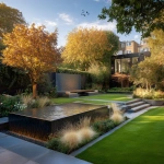 **high quality contemporary garden in London, water feature, green walls, mature trees in autumn, beautiful lawn, sunny day, birds in the sky --v 7.0** - Upscaled by <@1013385397600002048> (fast)