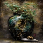 **an ancient brush painted kintsugi marble porcelain vase in green, yellow, black, silver, blue, with a golden brain frog sitting under a bamboo tree in a zen-garden, stamp, parchment background --p o5egy9r --v 7.0 --ar 89:128** - Image #3 <@1002947002323185734>