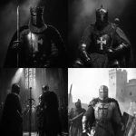 **an asthetic black and white photo, that shows a king who knights a crusader** - <@884203831829868576> (fast)