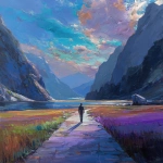 **rich pastel colors composition / of a man / walking on a path / near an expansive body of water / in a valley / surrounded by towering mountain peaks** - Image #3 <@1080572898269466724>