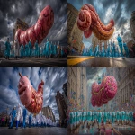 **A lively outdoor scene of a giant Thanksgiving Day parade balloon shaped like a detailed, anatomically accurate but friendly-looking human colon floating above a city street. The balloon is held by a large group of people in coordinated formation, dressed as various healthcare professionals doctors, nurses, surgeons, and lab technicians all smiling and guiding the balloon with ropes. A storm is brewing overhead, dark swirling clouds, high winds tugging at the balloon, dramatic lighting, rain beginning to fall, yet the parade continues with determination. Realistic lighting, crowd in the background, photojournalistic style, ultra-realistic photography, taken from a low angle showing the massive scale of the colon balloon, dynamic perspective, colorful parade uniforms, depth of field, crisp details --ar 16:9** - <@1138484847065698314> (fast)