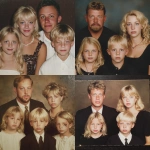 **photo circa early 2000s, family portrait, dad and mom are late 40s, two blonde girls are early teens, sad blonde boy is 10, the boy has a black eye** - <@1014234226171858944> (fast)