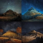 **scottish motte-and-bailey Castle on a hill , wooden pallisade around, dark night with shining stars in autum** - <@687598645855649848> (fast)
