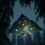 **A sleek, futuristic UFO hovers silently above a dark forest, its golden, angular hull adorned with intricate geometric patterns that catch the faint starlight. Glowing teal panels and light strips illuminate sections of the craft, casting an otherworldly hue onto the surrounding treetops. The design is both aerodynamic and ornate, suggesting advanced engineering fused with an artistic or ceremonial aesthetic. Above, the starry night sky stretches infinitely, while below, the dense silhouette of coniferous trees frames the scene, emphasizing the ship’s alien presence in an otherwise tranquil wilderness. The overall mood feels tense yet awe-inspiring, as though a moment of first contact is unfolding in secret. utopian toast --ar 3:2 --v 7.0** - Image #1 <@106534493057220608>