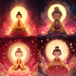**Studio Ghibli-inspired illustration of a serene, divine-looking young boy with a round top bun hairstyle (like a steamed bun), styled with the facial features and proportions of a traditional Buddha statue: soft rounded face, long earlobes, closed eyes, peaceful smile, and subtle masculine energy. The boy wears flowing golden-yellow and red Buddha robes with detailed embroidery, seated in lotus position atop a large, glowing red-gold lotus throne. His hands are placed in the Dhyana Mudra palms resting on the lap, right hand over left, thumbs touching to form a sacred circle the classic meditation mudra of Amitabha Buddha. His eyes are gently closed, and he is in deep meditation. Behind his head is a brilliant circular halo, glowing in radiant white, gold, and soft pink tones, filled with intricate lotus and mandala patterns, echoing the traditional depictions of Amitabha Buddha. The child’s entire body emits warm, radiant red-gold light, creating a majestic aura that expands across the scene. The background features a celestial crimson sky, glowing with golden floral patterns, radiant light bursts, floating petals, and ethereal mist directly inspired by traditional Buddhist thangka art. Small stars and soft cosmic waves swirl in the atmosphere, enhancing the sense of spiritual transcendence. Vertical format, cinematic lighting, highly detailed, Ghibli-style anime aesthetics. The mood is divine, tranquil, and radiant capturing the sacred glory of Amitabha Buddha while blending it with the innocence and power of a celestial child.** - <@1056980764291514368> (fast)