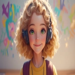 **a medium shot of a realistic illustrated happy 7-year-old Caucasian female student from America, they have a well-defined nose and a well-defined jawline, they have green eyes and curly blonde hair, they stand with their head and neck and shoulders completely square to the camera and facing forward, their entire body is facing forward, they wear a backpack, they have headphones on their head, they stand in front of a white wall with bright graffiti art spray painted on it, it is daytime, the sun is shining bright, high-definition, anime-style, --ar 16:9 --niji 6** - Image #1 <@1065025086664474674>