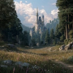 **Cinderella-inspired landscape, the castle can be seen in the background, realistic scene, high details, cinematic style --v 7.0** - Upscaled by <@1083746911070191616> (fast)