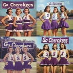 **ultra realistic, highly detailed, photographic image of three beautiful high school pompom girls of the 1960’s smiling happily with a beautiful well manicured football field behind them. Their short skirted deep purple and white outfits have a calligraphic "S" on the bodice. Above them is a huge attractive banner saying "Go Cherokees". HD --v 6.1 --raw** - <@1327691479602298971> (fast, stealth)