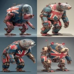 **a 3d rendered image of an industrial-style bear robots with a glass chest head and British flag colour scheme matt metal, an ultra-detailed illustration in the style of Atey Ghailan and Jacek Yerka, ultra-high resolution, in a dynamic pose, 4k --ar 13:20** - <@1087506013407695028> (relaxed)