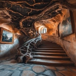 **ancient fortress grand stairway, twisted tree roots on ceiling with elegant stone floors, tree roots stair banister railing, paintings on walls, sunset lighting, 8k detail, shot on a Sony Alpha a7 III camera --ar 9:16 --v 6.1** - Image #1 <@941416877790486558>