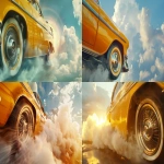 **close-up of a vintage yellow taxi cab driving on top of clouds. The close up is of the tyre spinning fast on glowing clouds, cloud flicking up, early sunlight reflecting off chrome hubcaps, cinematic, slow-motion feel, intense detail, 35mm film texture --v 6.0 --ar 16:9 --raw** - <@846005071686270976> (fast)