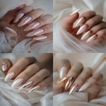 **champagne chrome french nails on milky pink base, delicate and editorial manicure, soft luxury tones, almond shape, close-up on hands in soft lighting, styled with silk or tulle, elegant minimalism for winter --v 6.0 --ar 2:3 --raw** - <@1321895242076520463> (fast)