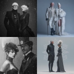 **A masculine character beside a feminine character, full body, elegant clothes, in the style of Jodorowsky, in snowflake macrophotography.** - <@639231094968942592> (relaxed)