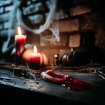 **<https://s.mj.run/C4JWowKI4Hk> A realistic photograph featuring a close-up of a wooden table surface in the foreground, scattered with melted red candles, dried twigs, and bits of straw. In the background and surrounding areas, moody Halloween-themed decorations such as carved pumpkins with glowing faces, spider webs on white walls, and dim, flickering lights. The atmosphere is eerie and shadowy, with warm candlelight casting soft glows on nearby textures. --s 550 --v 6.1 --c 10 --cref <https://s.mj.run/C4JWowKI4Hk>** - Image #3 <@437658373576720385>