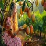 **<https://s.mj.run/SHLgS_icw_Y> The scene depicts a young, beautiful American woman, aged between 20 and 28 years, with long blonde hair. She is wearing a bright pink floral dress and sitting in an orchard, gently plucking a ripe fruit from a tree. The tree is filled with large, tropical fruits, possibly mangoes or avocados, hanging from the branches. The woman is smiling softly as she looks at the fruit she has just picked, holding it in one hand, while her other hand gently holds a fruit already collected. Next to her, on the ground, is a woven basket, partially filled with more fruit. The warm golden sunlight filters through the leaves, creating a peaceful, tranquil atmosphere in the orchard, where rows of trees stretch into the background. The woman appears to be enjoying the harvest, her beauty and joy adding a personal and lively touch to the serene scene. --ar 16:9 --v 6.0** - Image #4 <@1394581184469794836>