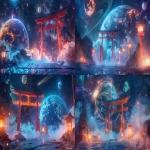 **A sacred Shinto shrine designed as "EmiEmi Shrine", standing on a cosmic path of starlight, with a grand red torii gate glowing before Earth in the background. Around the Earth, other majestic planets like Saturn with glowing rings and Jupiter with colorful storms float in the cosmos, enhancing the divine scale. Visitors feel as if they are arriving for an online shrine worship. The shrine radiates divine golden light, mystical energy flows, ethereal mist drifts around, with sacred lanterns and floating words of light (kotodama). A harmonious blend of Japanese tradition and cosmic fantasy, cinematic, ultra-detailed, photorealistic yet dreamlike, barnacle --ar 16:9 --v 6.0** - Variations (Strong) by <@1027927772519211120> (relaxed)