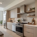 **interior design of a model unit showing the kitchen area. linear layout. all stainless appliances. chimney type range hood. stainless steel countertop with oak cabinets, silver pots and whisk hanging from the wall, accent wall tile behind the range --v 7.0** - Upscaled by <@1231814052913877045> (fast)
