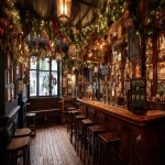 **traditional Irish pub decorated for Christmas, hyper-realistic warm interior, wooden bar, dark wood stools, shelves filled with bottles, classic Guinness taps, garlands of evergreen and holly, red and gold baubles hanging from the ceiling, dense twinkling fairy lights, cozy festive clutter, vintage signs, soft warm amber glow, textured wooden floor, frosted window with soft daylight, no people, inviting and atmospheric, extremely detailed, photo-realistic, cinematic lighting, symmetrical composition, static camera, perfect for seamless looping --ar 16:9 --no people --no motion --chaos 10 --raw** - Image #4 <@1037124382050492508>