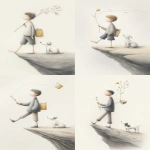 **The Fool tarot card. The image depicts a young man with one foot on the edge of a cliff, holding a small stick with a small package and a small white rose in his hand, and a dog at his feet. --ar 7:12 --sref <https://s.mj.run/7Pc5aa8BRXU> --profile 4mtwbir** - <@409716268476923920> (fast)