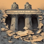 **Include visible shattered inscription reading ‘THE VOTE’, crumbling statues of blindfolded justice above, fractured pillars exposing dark interior, rubble shaped like fragments of an old style document like the U.S. Constitution, editorial-style cartoon, halftone print texture, subtle tan background wash, inspired by Matt Wuerker. --ar 9:16 --v 7.0** - Upscaled by <@925081513199017995> (fast)
-# Create, explore, and organize on [midjourney.com](<https://midjourney.com/imagine?from_discord=1>)