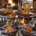 **A mason jar glass bottle of herbal oil sits on a wooden altar surrounded by cinnamon sticks, ginger root, and cloves. A small carnelian crystal glows warmly beside it. Behind the scene, a steady hearth fire burns, casting golden light across stone walls and earthy textures. The atmosphere feels ancient, sacred, and alive with Earth wisdom, symbolizing discipline and devotion. Highly detailed, warm golden-orange tones, cinematic lighting. --v 6.0 --s 750** - <@1090630909448949831> (fast)
-# Create, explore, and organize on [midjourney.com](<https://midjourney.com/imagine?from_discord=1>)