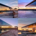 **an iphone pro photo of an ultra-modern, minimalist glass house with ancient mud-brick walls in the desert at sunset. the colors transition from blue to pink and purple. there is a stone seating area next to it. palm trees in the background. a gorgeous view. the sun shines through the windows, creating beautiful light streaks across the wall. it's located in saudi arabia. there is no furniture inside. --ar 59:128 --v 6.0** - <@960285567457841182> (fast)
