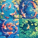 **kaleidochromic koi fish pond, flat anime illustration style, inspired by Studio Ghibli and Makoto Shinkai, vivid but harmonious color palette, peaceful composition, natural lily pads, crystal clear water, soft lighting, cinematic feeling --niji 6 --s 350** - <@1220222620444659733> (fast)