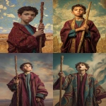 **photorealistic, klimt, A young enthusiastic Middle Eastern boy of royal birth standing holding a tall ornate wooden wand upright, expression of fresh excitement and inspired vision, eyes bright with utsaha enthusiasm and discovery, wearing simple burgundy and teal robes with minimal gold Klimt geometric patterns, young adult or teenager not a child, stance suggesting forward movement and exploration, background with open landscape or desert horizon suggesting new beginnings and possibilities, Byzantine gold mosaic patterns subtly in background, atmosphere of utsaha fiery enthusiasm and fresh magnetic center, sense of beginning student with untested but genuine inspiration, jewel tones of burgundy teal gold and warm earth tones, ornate baroque frame, mood of eager discovery and dynamic forward energy, pure enthusiasm before friction arrives, --ar 2:3 --raw** - <@1122608133139857530> (fast)