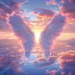 **Digital art depicting two angel wings in the sky with clouds in the background, a sunrise, and pastel colors. This digital painting has a fantasy art style, a symmetrical and centered composition, and is visually beautiful. --ar 4:7 --v 6.0 --s 250** - Image #4 <@756269320539209761>