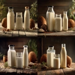 **Photorealistic still life of three different plant-based milk containers side by side on a rustic wooden table. First: a classic half-gallon square glass milk jug with black cap, thick clear glass, and creamy milk inside (similar to traditional dairy bottles). Second: a simple mason jar filled with milk. Third: a lightweight plastic bottle, also filled with milk. Around the vessels are scattered coconuts, sprouted oats, and hemp seeds to represent the milk sources. Gentle morning light streams across the table, warm and natural, evoking sustainability, affordability, and ritual. Cinematic food photography style, rustic farm-to-table aesthetic, premium detail --ar 3:2 --raw** - <@1235122149799231491> (fast)