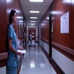 **a tv shot of a hallway at a hospital with 3 horizontal wood paneled walls like on TV show "House" and a nurse standing with a clipboard --v 6.0 --ar 16:9** - Image #2 <@1048957466093813870>