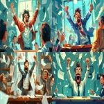 **cartoon man flipping a desk in an HR meeting, celebrating his appeal win, shocked HR staff, papers flying, funny, vibrant, exaggerated expressions --v 6.0 --ar 16:9 --s 250** - <@1071571012547780618> (fast)