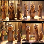 **A 3-view character turnaround of a cute anthropomorphic cartoon beaver, shown in front view, side view, and back view, fluffy and soft fur with rich texture, big expressive eyes, wide smile with visible teeth, rounded body, short limbs, large flat tail in back view, Disney Pixar animation style, warm and gentle lighting, consistent proportions, beige background with horizontal guide lines, clean and high-resolution illustration --v 6.0 --ar 16:9 --sref <https://s.mj.run/SdG-GUEyRSw>** - <@568812885007007745> (fast)