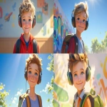 **a medium shot of a realistic illustrated happy 7-year-old Caucasian male student from America, they have a well-defined nose and a well-defined jawline, they have blue eyes and straight blonde hair, they stand with their head and neck and shoulders completely square to the camera and facing forward, their entire body is facing forward, they wear a backpack, they have large headphones on their head, they stand in front of a white wall with bright graffiti art spray painted on it, it is daytime, the sun is shining bright, high-definition, anime-style, --ar 16:9 --niji 6** - <@1065025086664474674> (relaxed)