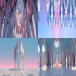 **crystal arch pavilion with vanila sky scheme color plae pink sky blue and white symmetry --ar 44:7** - <@1117988865903448218> (fast)