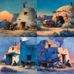 **a humble dark burro resting beside a small wooden cart near an adobe kiva, faint smoke rising from the rooftop vent, a Navajo child sitting nearby with a blanket across their lap, soft sagebrush and piñon surrounding the scene, mesas glowing with the last light of sunset, warm ochre and turquoise tones, watercolor texture with gentle brushwork, slightly closer perspective, showing harness detail, in the style of E. H. Shepard, New Mexico desert landscape, --ar 4:5 --s 250** - <@1081749564803010630> (fast)
-# Create, explore, and organize on [midjourney.com](<https://midjourney.com/imagine?from_discord=1>)