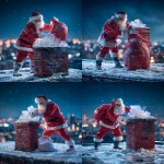 **Night rooftop scene, full-body Santa Claus standing firmly on a snowy roof beside a brick chimney. The chimney is slightly soot-stained and darkened from use, with subtle burn marks and uneven brick texture. Santa is struggling with a massive, heavy red velvet sack, gripping it with both white-gloved hands, actively shaking and forcing the sack toward the chimney opening, trying to dump the contents inside. The sack is overflowing with identical transparent acrylic trophies thick, solid, beveled, exactly matching the reference design. Several trophies are visibly stuck halfway inside the sack opening. A few identical trophies have already fallen out and lie scattered on the snow beside the chimney. One single trophy is clearly outside the sack, resting on the snow, partially covered with fresh snow crystals. Snow is disturbed around Santa’s boots: visible footprints, compressed snow, dragged fabric marks from the sack. Fine snow particles cling to the velvet fabric and trophy edges. Background: blurred night city skyline, distant bokeh lights, starry winter sky, gentle snowfall. Lighting: cinematic winter night lighting, cold blue ambient city glow + soft directional key light, realistic shadow falloff, imperfect reflections, slight lens bloom on highlights. Material realism: fingerprints on acrylic, micro scratches, light condensation, uneven snow accumulation. Photographed realism, not stylized, not CGI-clean. Shot on Nikon D850, 85mm, f/2.2, ISO 800, 1/200s, shallow depth of field, subtle film grain. --ar 4:5 --v 7.0 --raw --oref <https://s.mj.run/SB-W-zigDmg>** - Variations (Strong) by <@1239955832326586419> (relaxed)