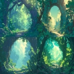 **minimal anime jungle landscape, flat cel-shaded style with bold clean linework, trees and vines on both sides forming a tunnel-like frame, simple shapes and limited color palette of deep and light greens, soft misty lighting in the distance, clear open path through the center, calm serene atmosphere, high depth composition, graphic stylization not realism --niji 6 --ar 16:9** - <@257221362568003584> (fast)
